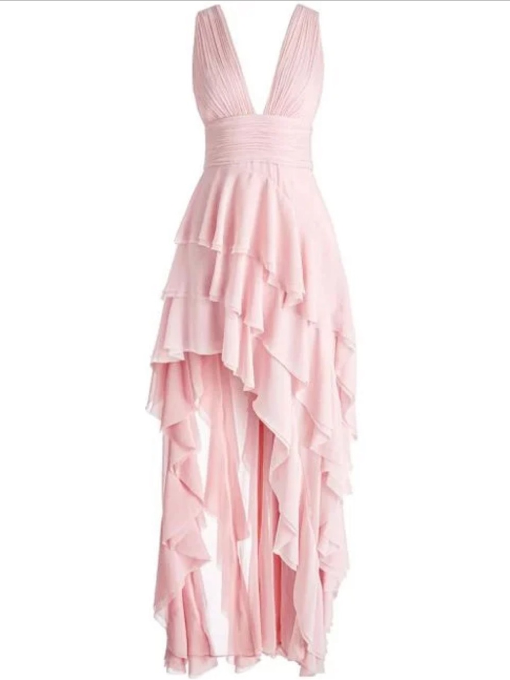 Alice + Olivia Blush Pink V-Neck Asymmetrical High-Low Maxi Dress with Ruffles